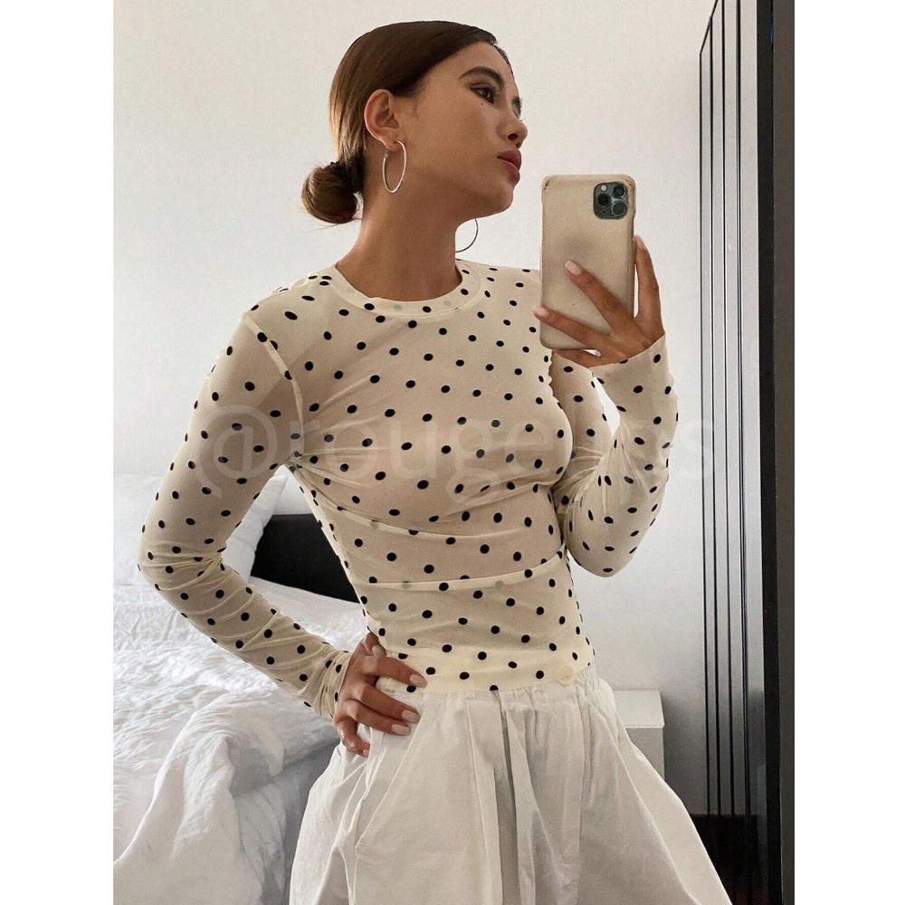 Cream Off White Polka Dot Mesh Sheer Long Sleeve Tee Shirt Top - Picture 2 of 13